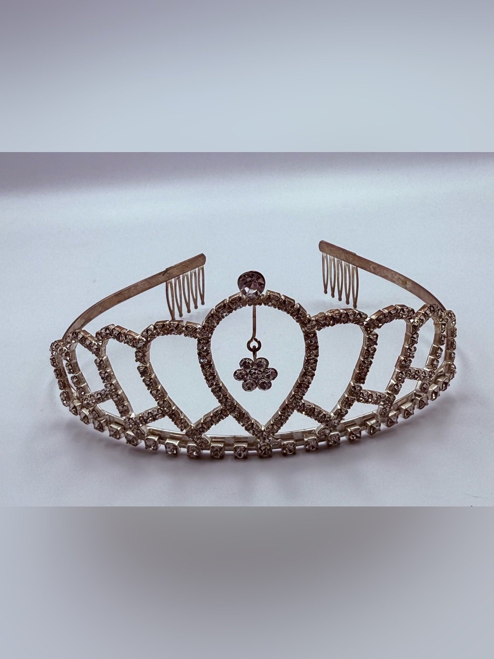 Silver Toned Metal And Rhinestone Tiara With Dangling Flower Center